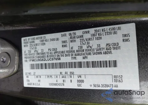 2020 Ford Escape Se из США, поврежденный, VIN 1FMCU9G62LUC07658